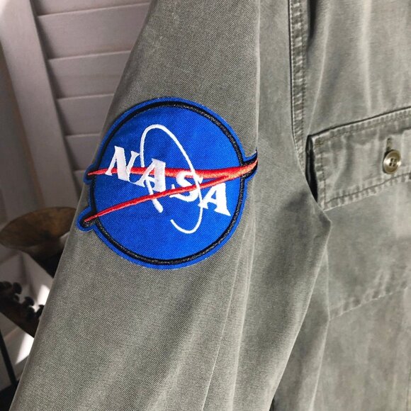 Lucky Brand Cotton Jacket NASA Patches Cargo Pockets Military Green Men’s sz M - Picture 6 of 16